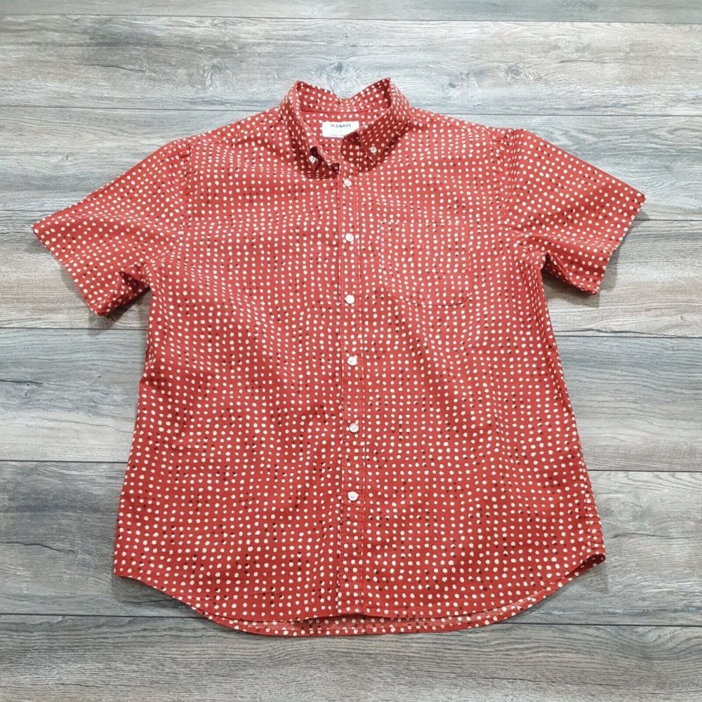 Old Navy Mens Large Short Sleeve Shirt Casual Office Work Polka Dot Orange